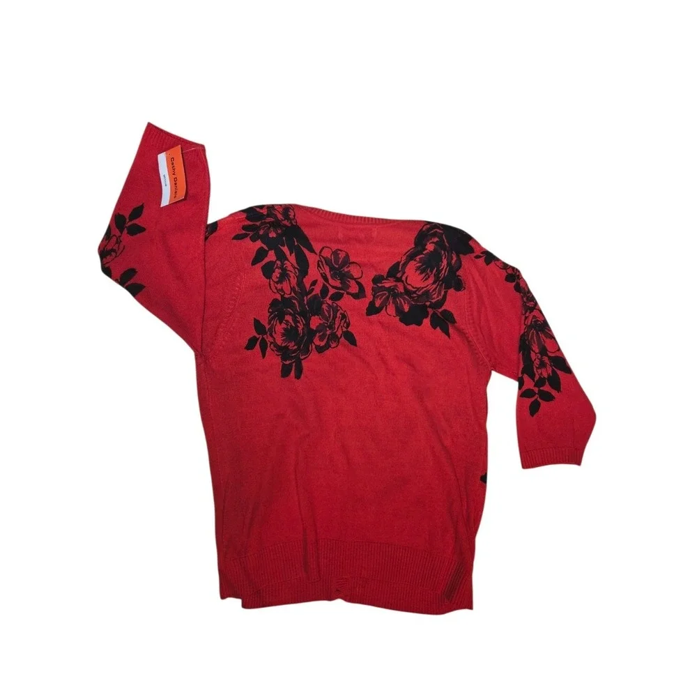 Vtg Red & Black Floral Faux Cardigan Sweater W Dickie 3/4-Sleeve Soft M NWT